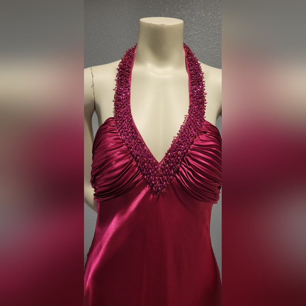 Vintage 90s Morgan And Co Formal Long Dress Barbie Pink Beaded Satin Size 13/14 - Picture 3 of 10